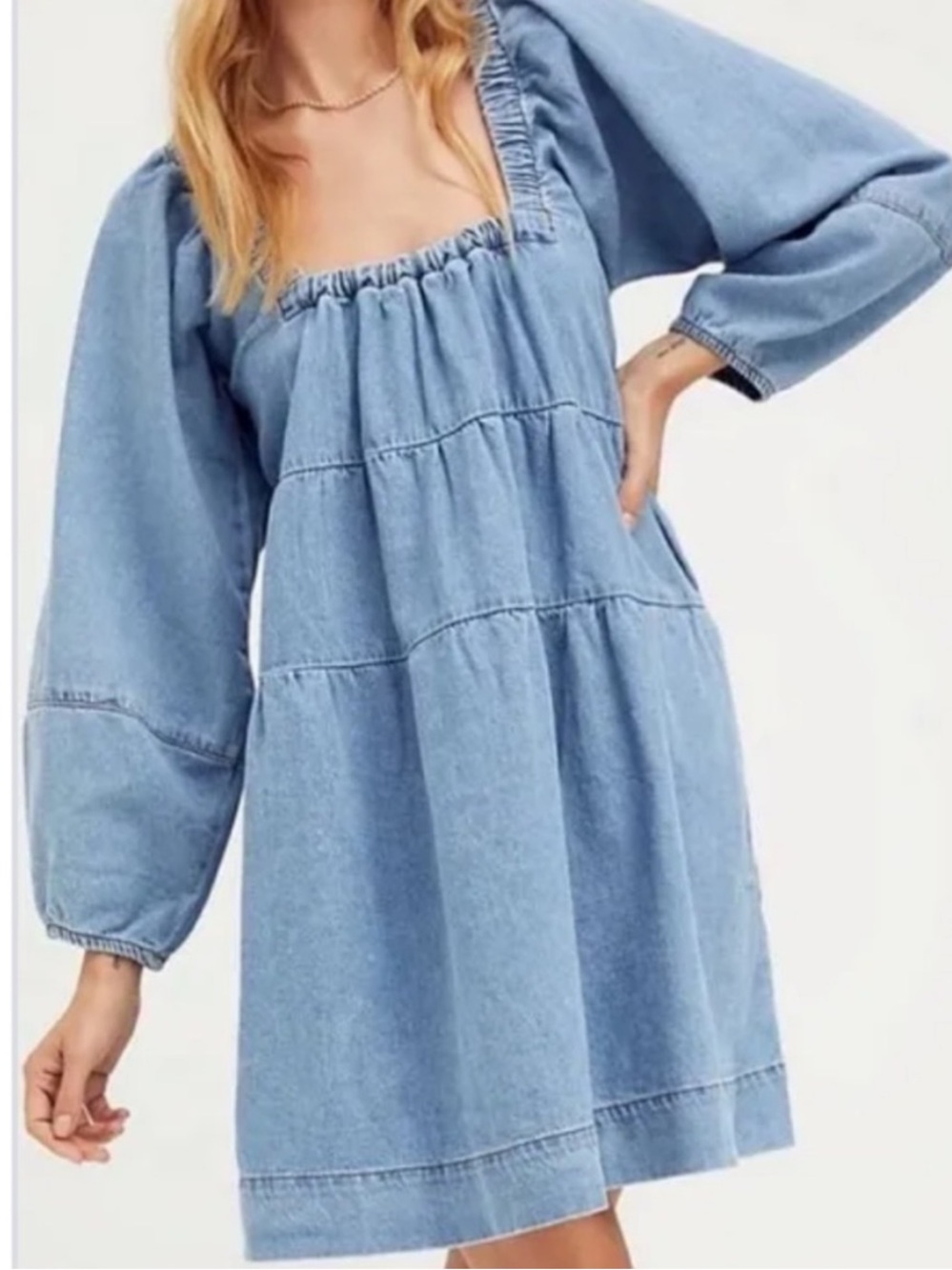 Free People Light Blue Denim Square-Neck Babydoll Dress - Picture 1 of 8